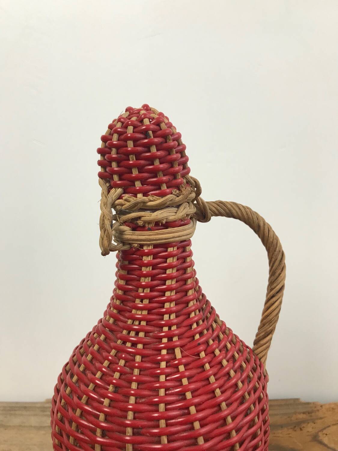 Bottle with rattan weaving and vintage scoubidou