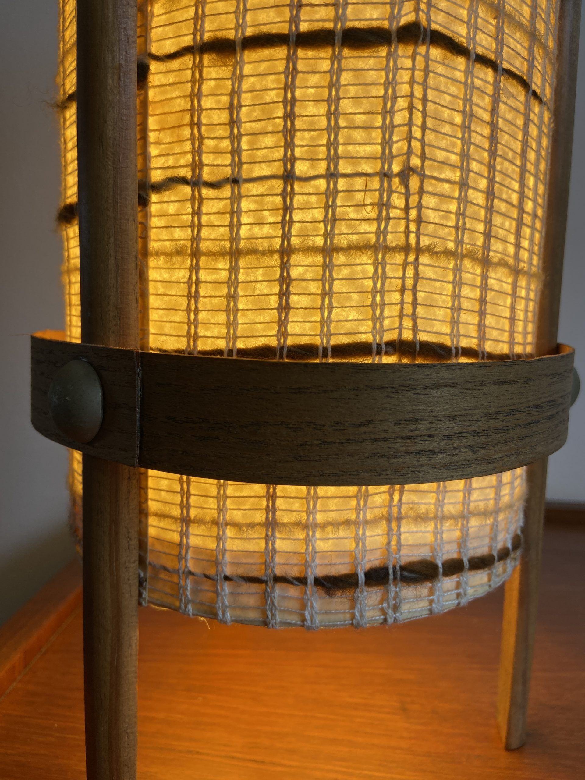 Vintage handcrafted lamp in woven wool and wood veneer