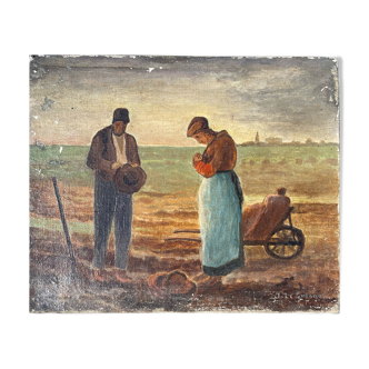 Tableau peinture étude de l’angelus de millet fin xixe, début xxe