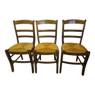 3 chaises Baumann en bois et paille