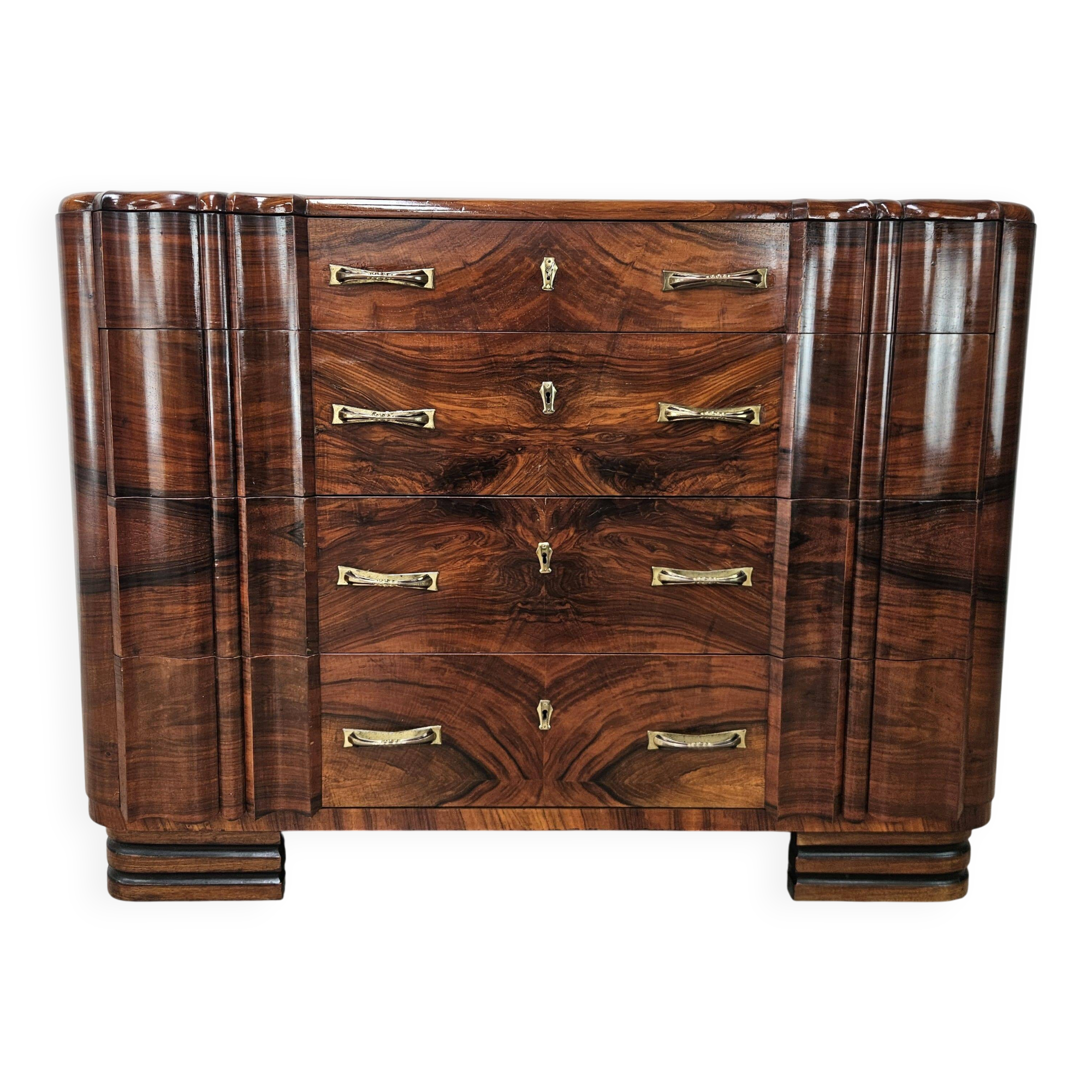 1940s Decò walnut chest of drawers with 4 drawers and brass handles