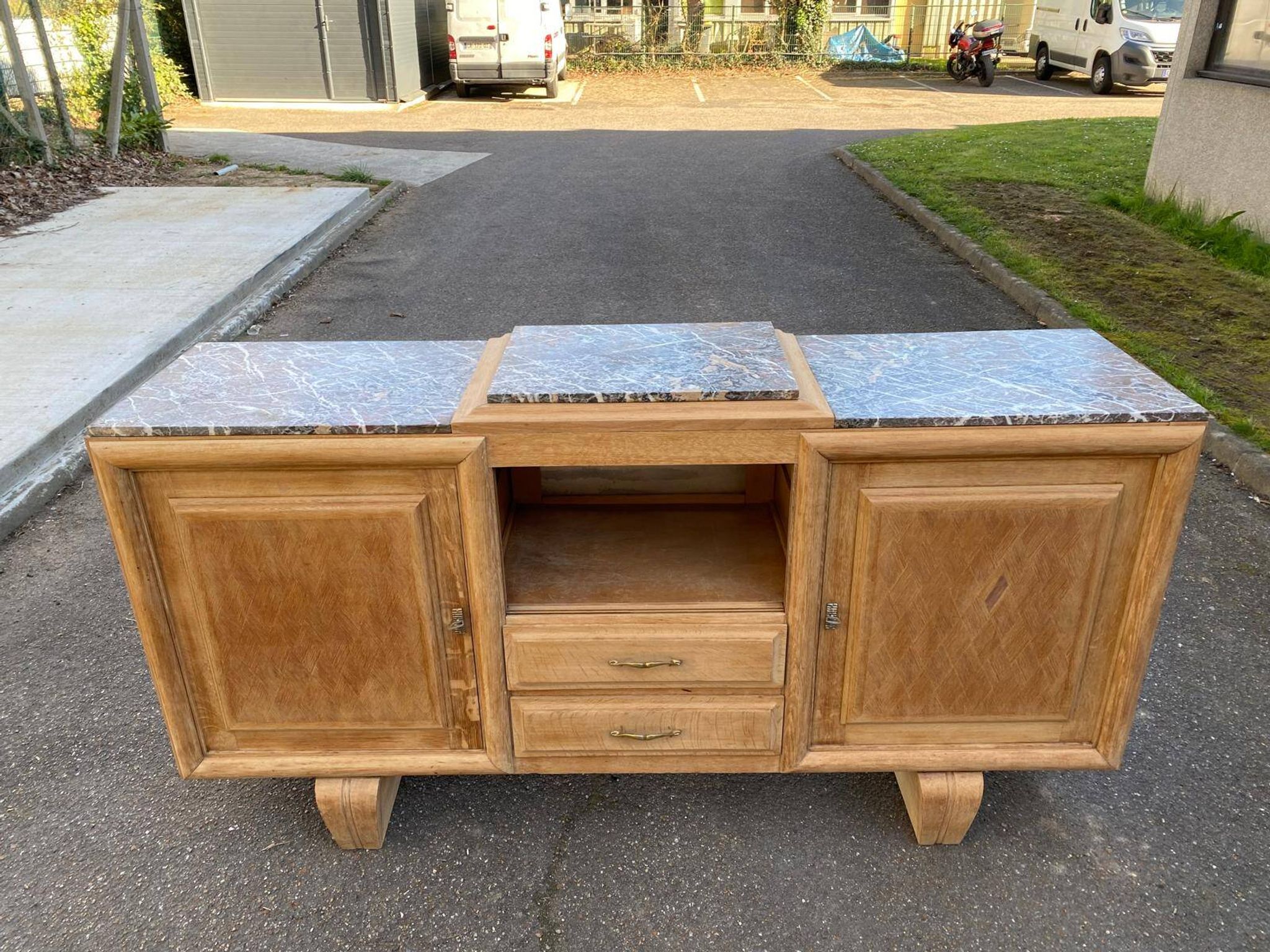 Renovated art deco sideboard in raw solid oak and gray marble 200cm
