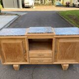 Buffet enfilade art déco rénovée en chêne massif brut et marbre gris 200cm