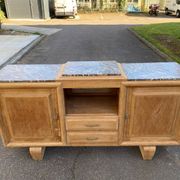 Renovated art deco sideboard in raw solid oak and gray marble 200cm
