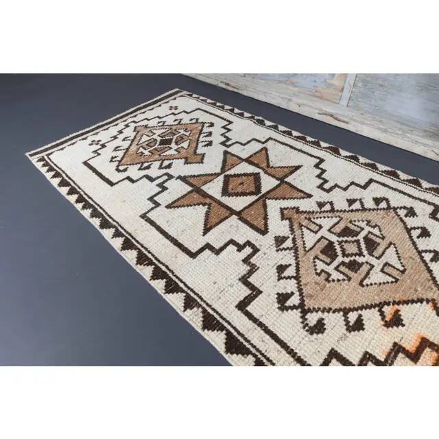 Vintage Turkish Oushak handmade wool cotton white runner rug  91x340