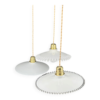 Set of 3 mismatched white opaline pendants, braided cable.