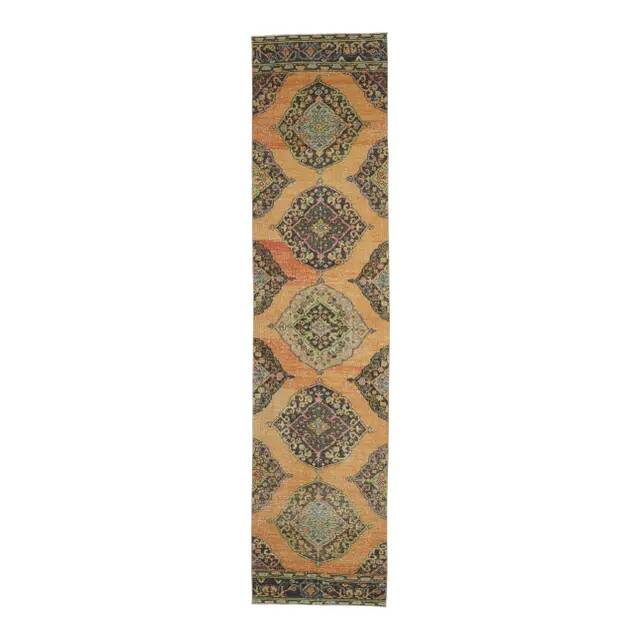 Vintage Turkish Oushak Handmade Wool Cotton Orange Runner Rug 90x373