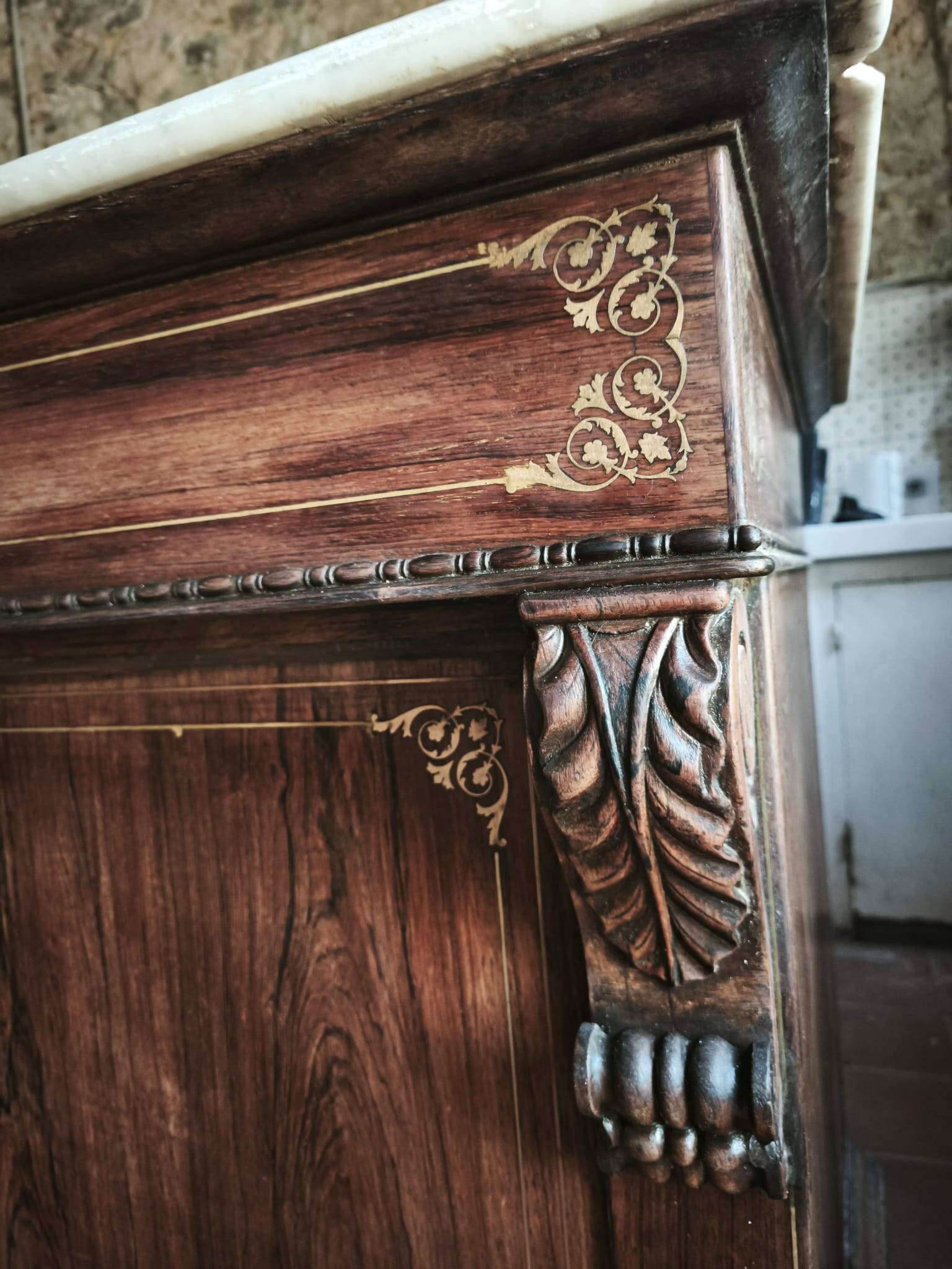 Antique bakery counter in rosewood and Carrara marble.