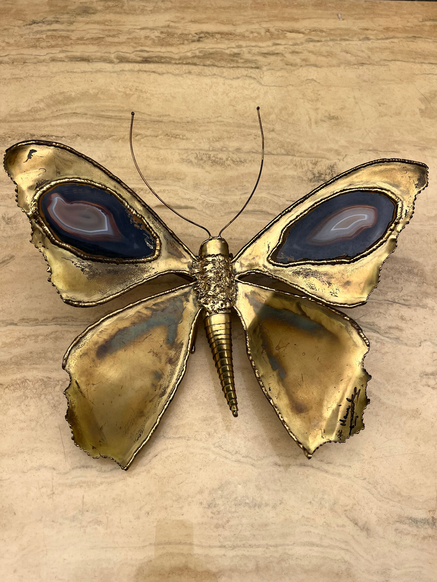 Butterfly wall light Henri Fernandez brass and agate