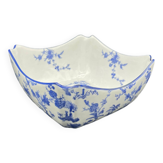 Saladier, décor chinoisant, décoration végétale, floral, estampille, porcelaine blanche, bleu, Chine