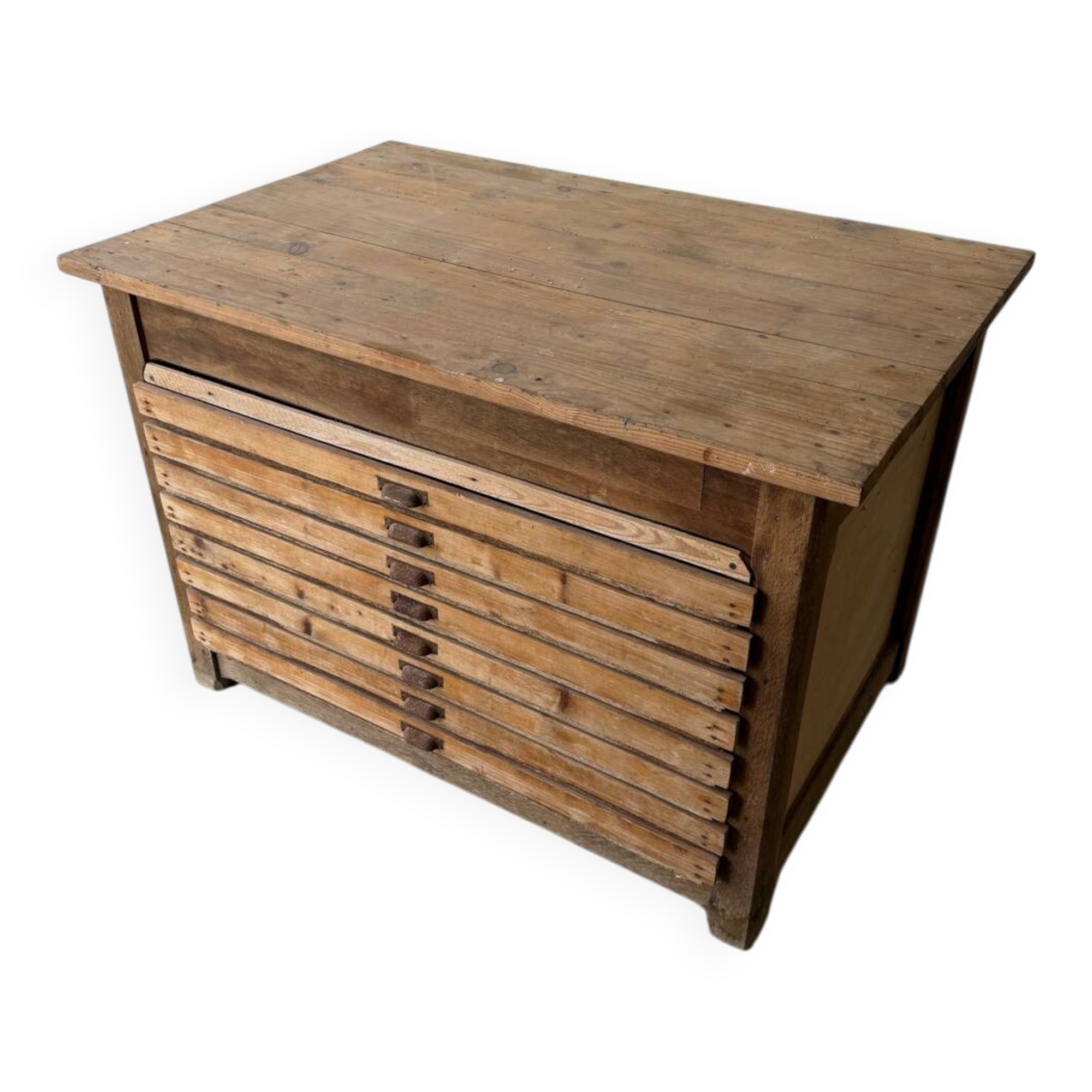 Low workshop cabinet with 8 drawers in solid wood, printing style.