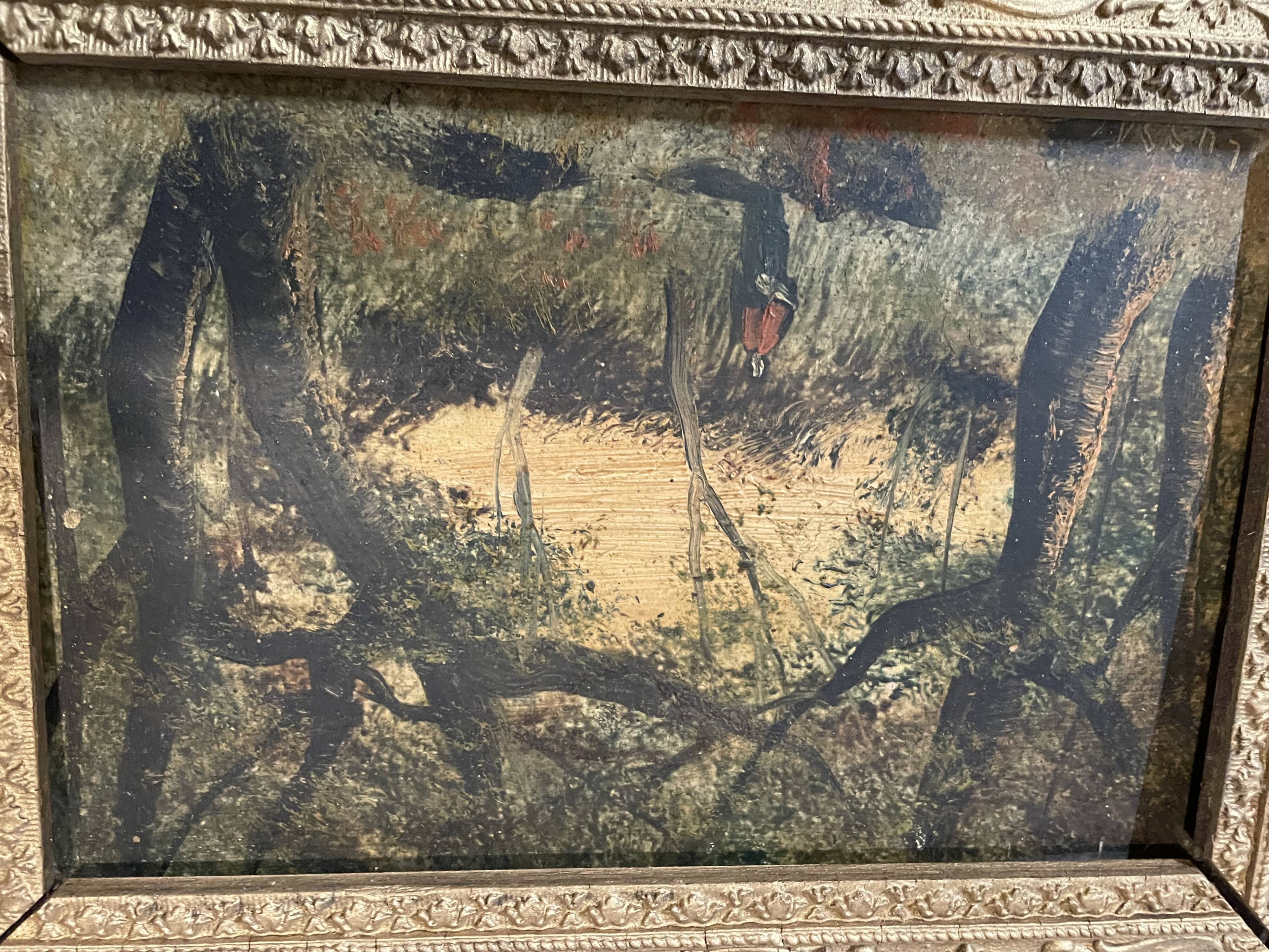 Oil on panel woman in an undergrowth