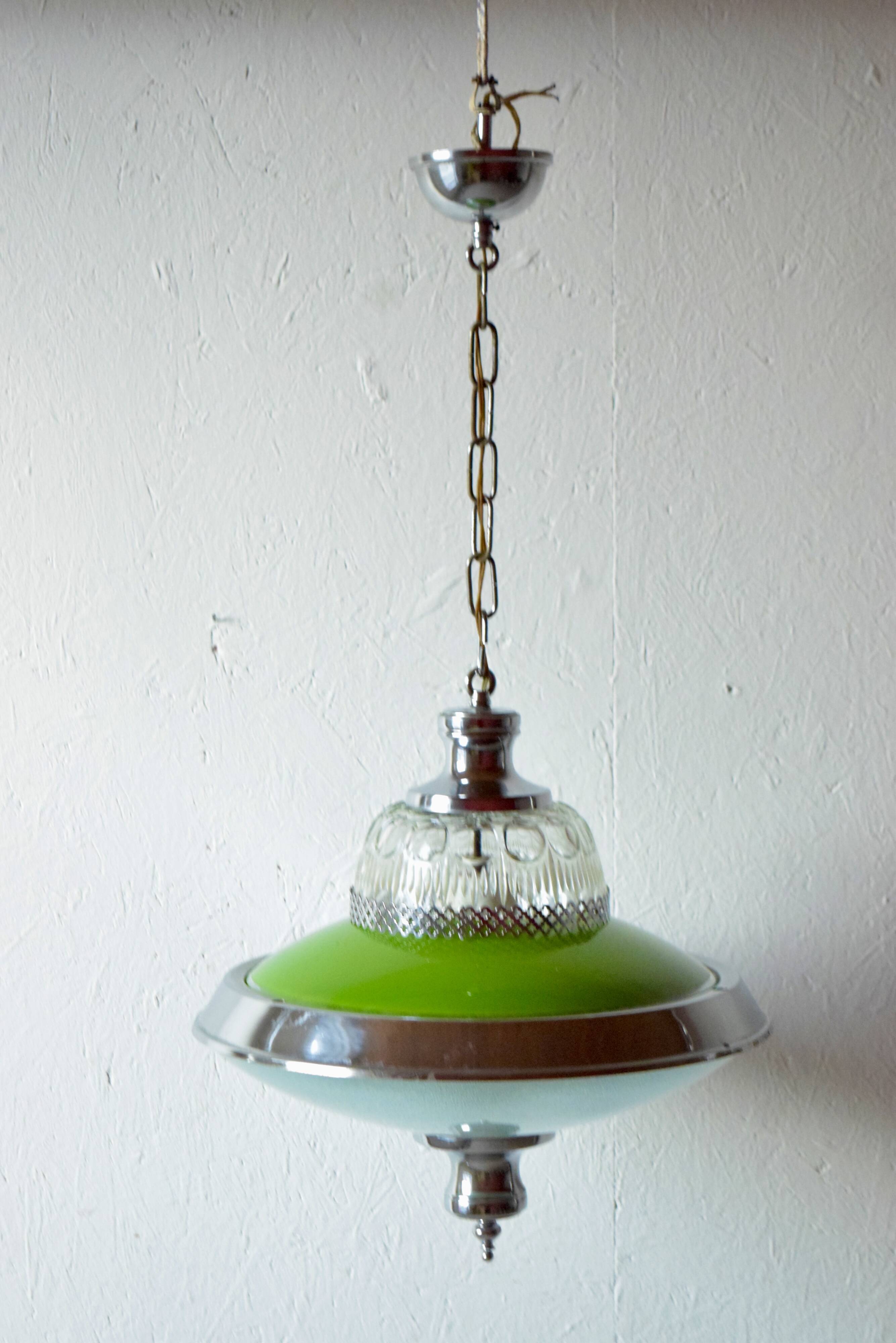 Vintage green glass and chrome metal pendant light