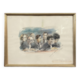 Watercolor drawing representing the magistrates of a trial dated October 1986