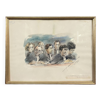 Watercolor drawing representing the magistrates of a trial dated October 1986