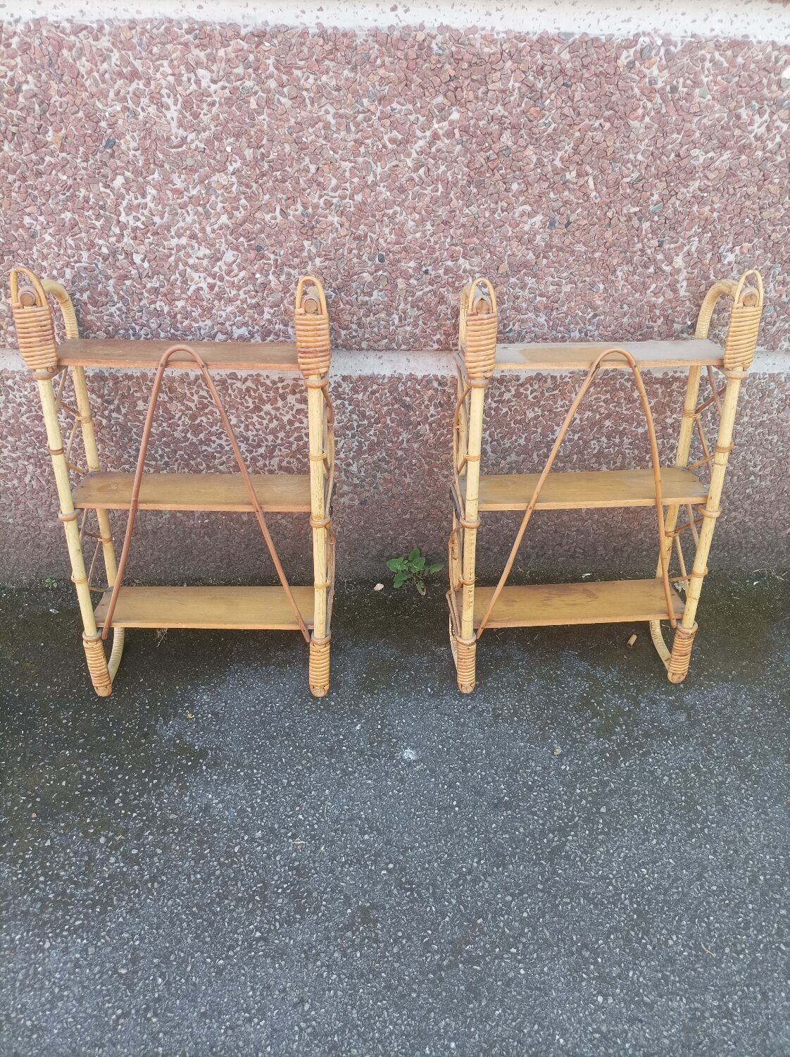 Pair of wall shelves vintage in rattan bamboo wicker