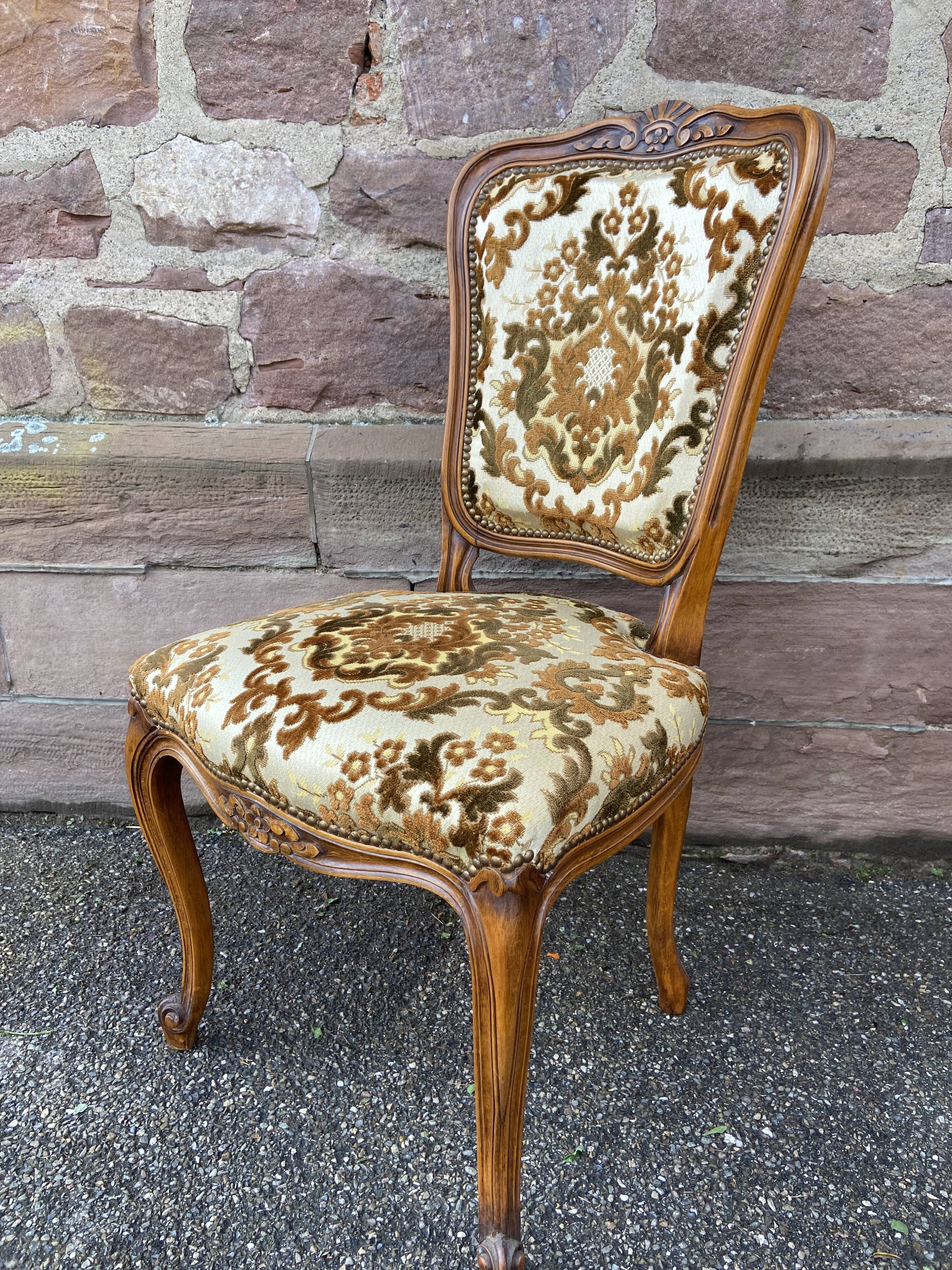 Set of 6 vintage Louis XV style French chairs, velvet upholstered, 1950s