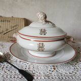 Circa 1900s Pillivuyt Gold 'BM' Monogrammed White Porcelain Soup Tureen