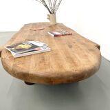 XXL oval coffee table in solid oak, cylindrical base, 1950s.