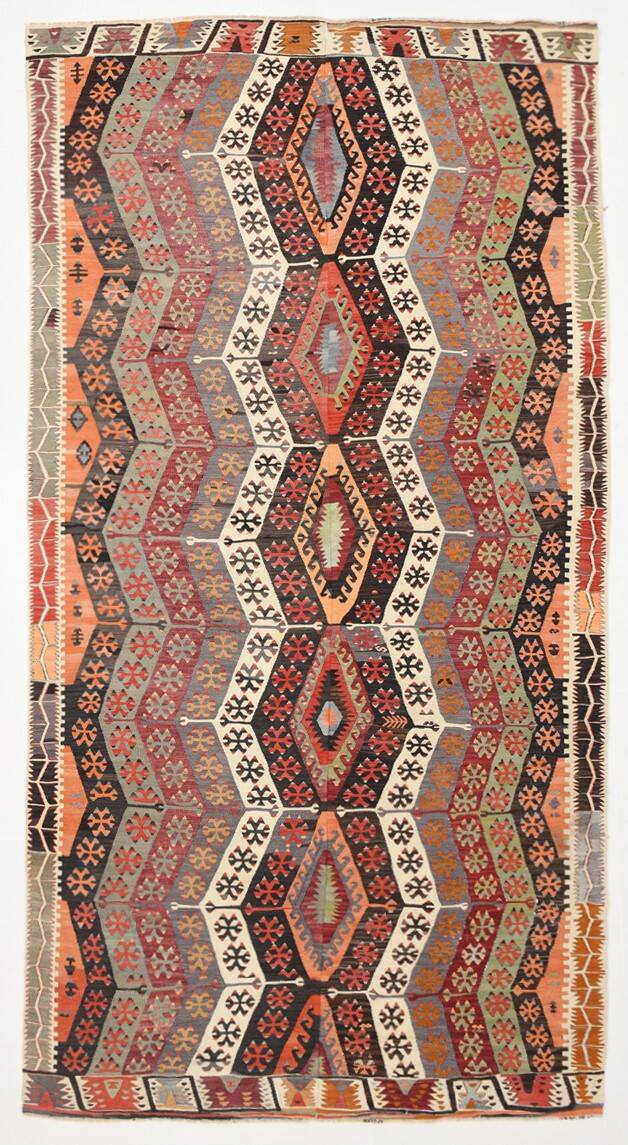 Pastel Tones Geometric Pattern Turkish Woven Wool Kilim Rug, 185x350 Cm