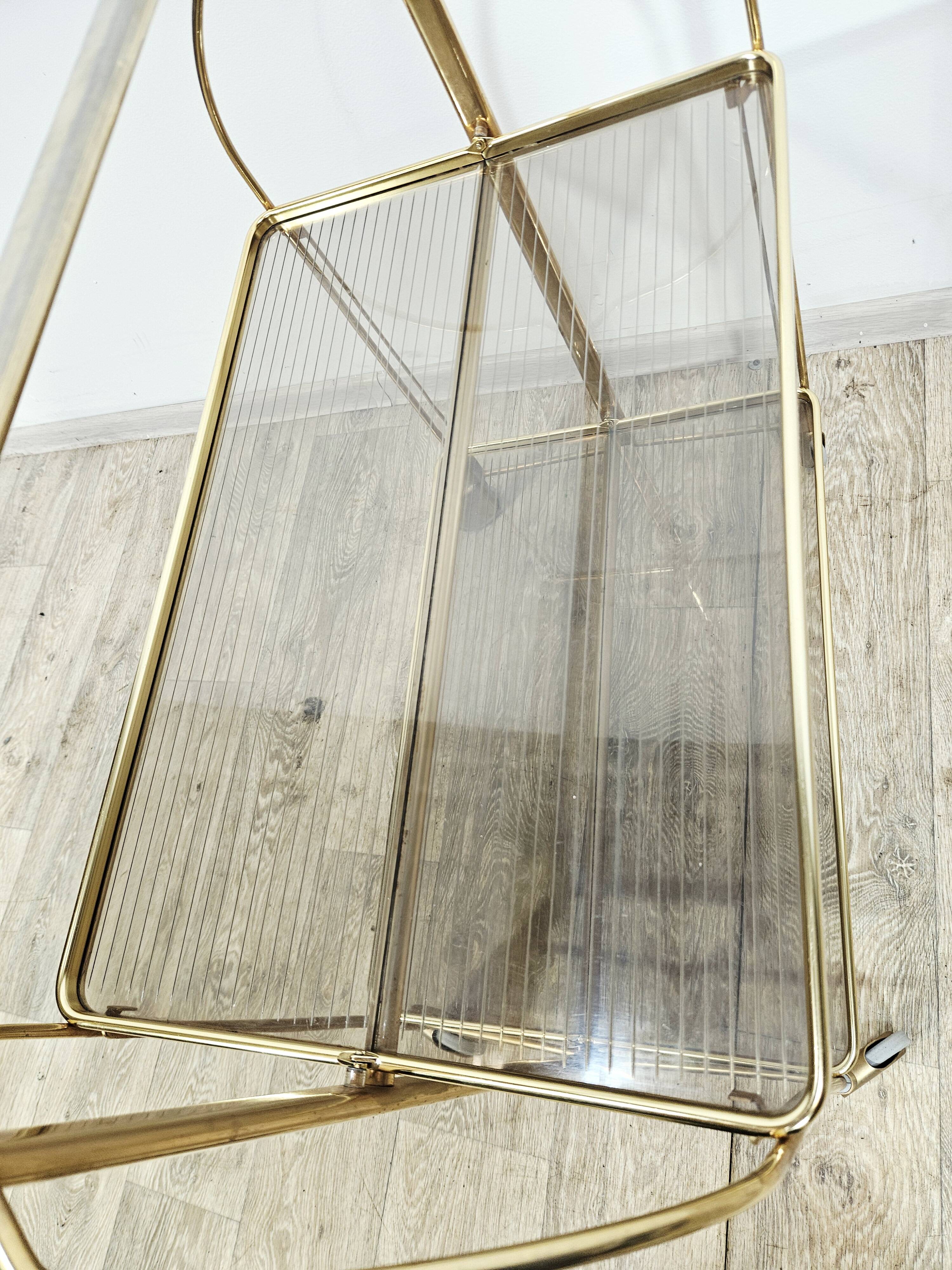 Mid-Century Folding Bar Cart – Brass and Ribbed Plexiglass – 1960s