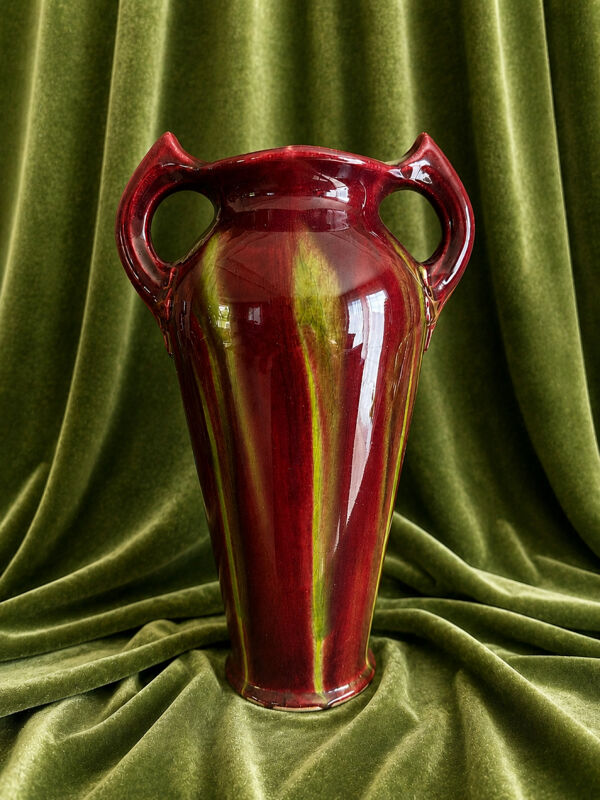 Superbe Vase Art Nouveau céramique émaillée rouge sang de bœuf/vert ci