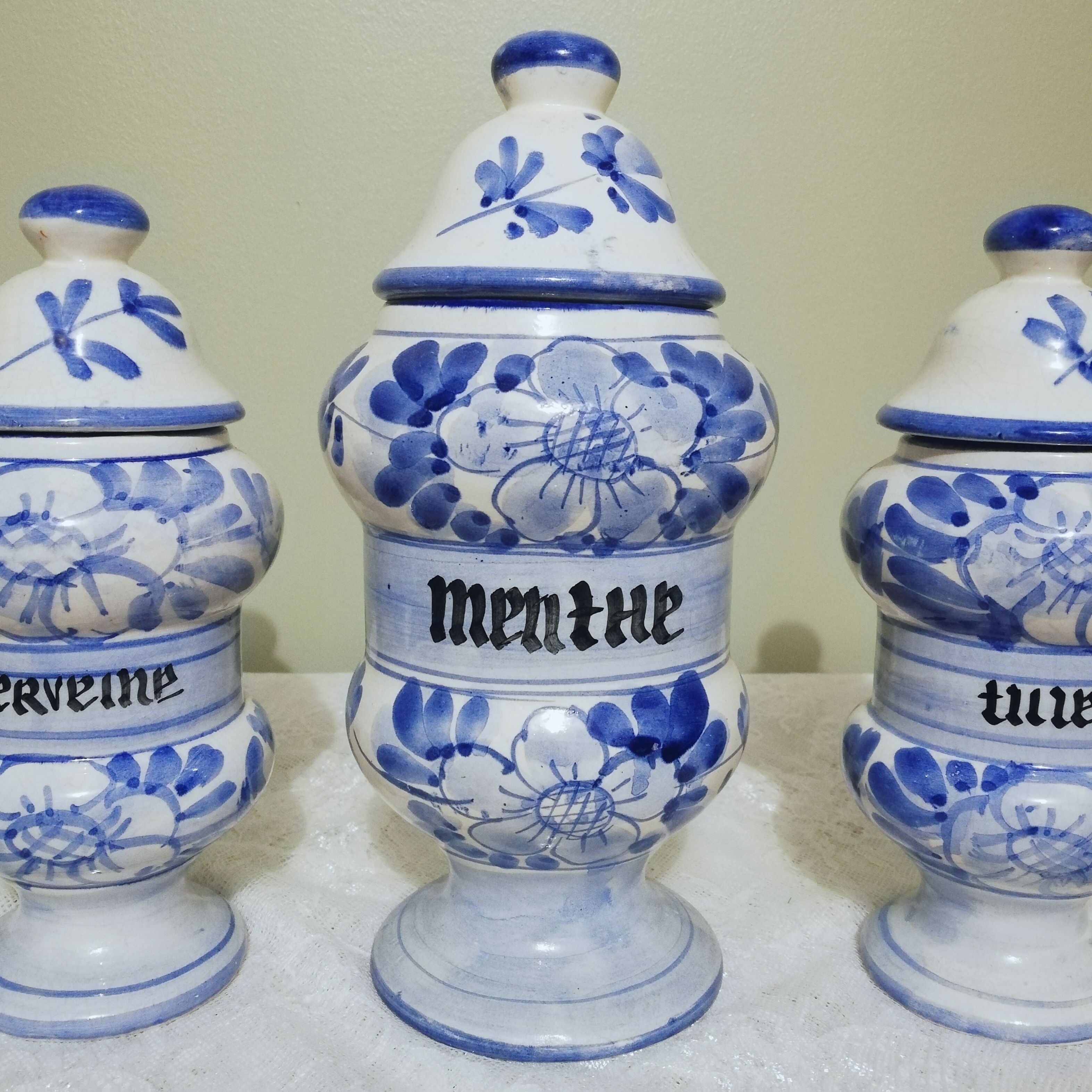 3 Delft style earthenware spice jars or apothecary pots