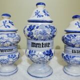 3 Delft style earthenware spice jars or apothecary pots