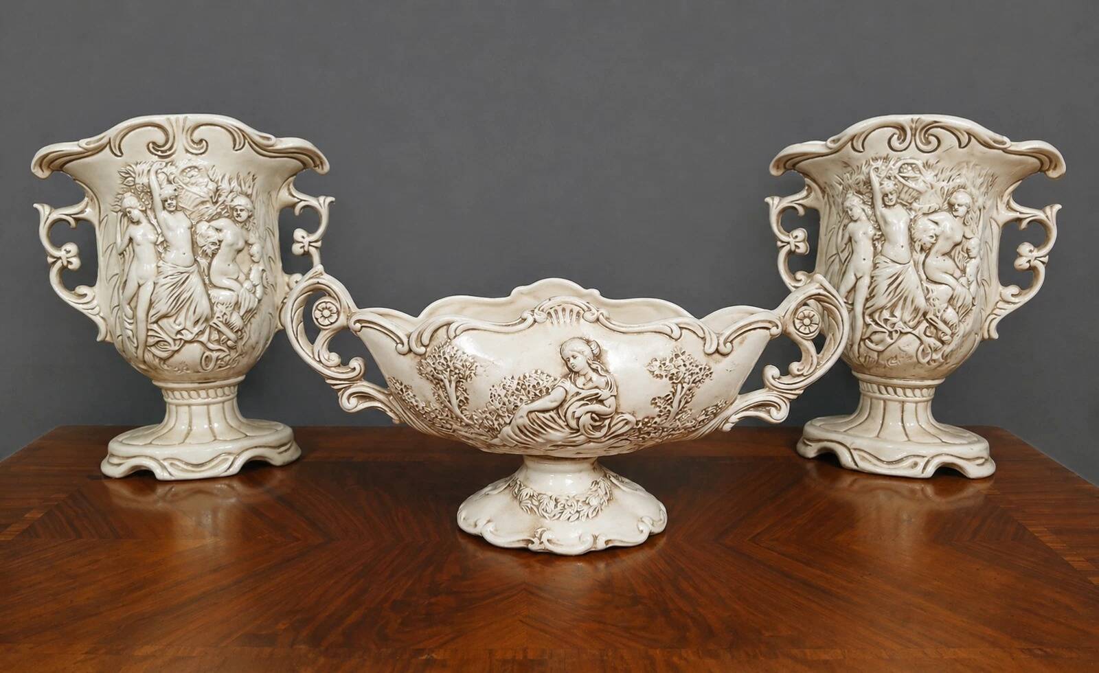 Three-piece ceramic garniture with neo-classical decoration – 20th century