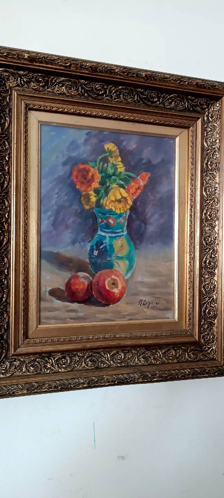 Still life painting vase with flowers by Lupicini - 1960s