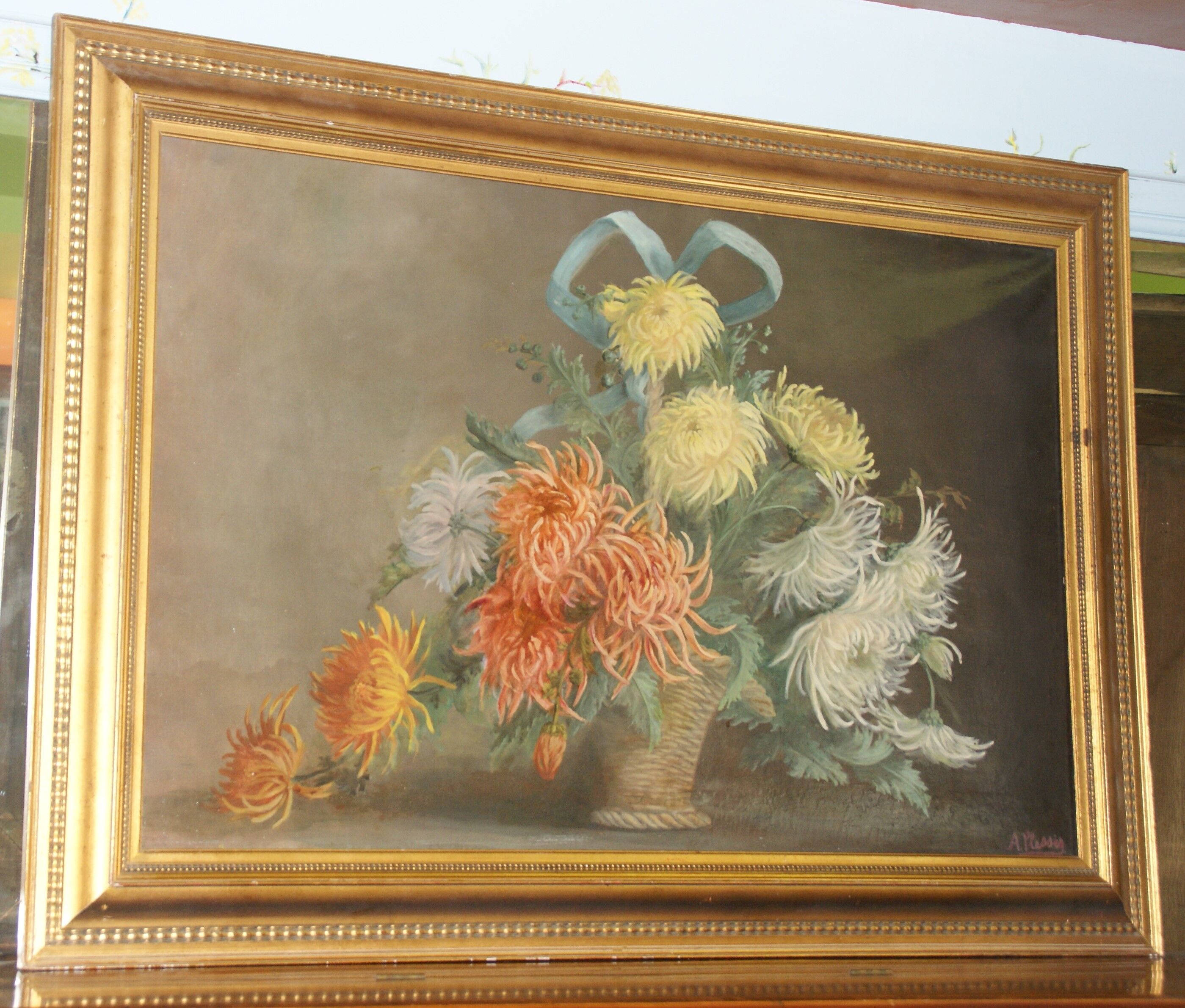 Tableau bouquet de fleurs huile à décor de chrysanthèmes signé  A.Plessy