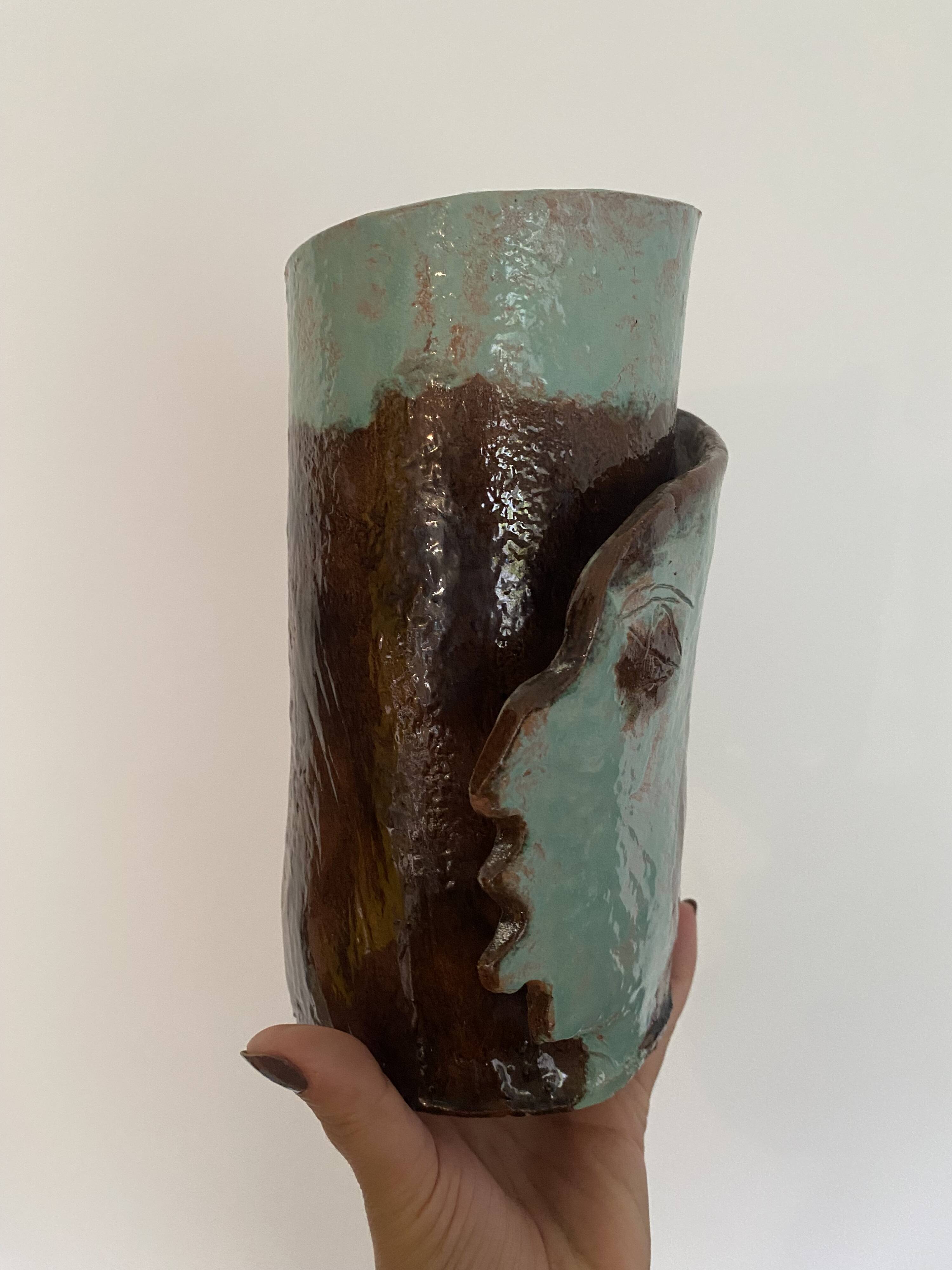 Artist's vase in glazed ceramic – abstract sculptural face