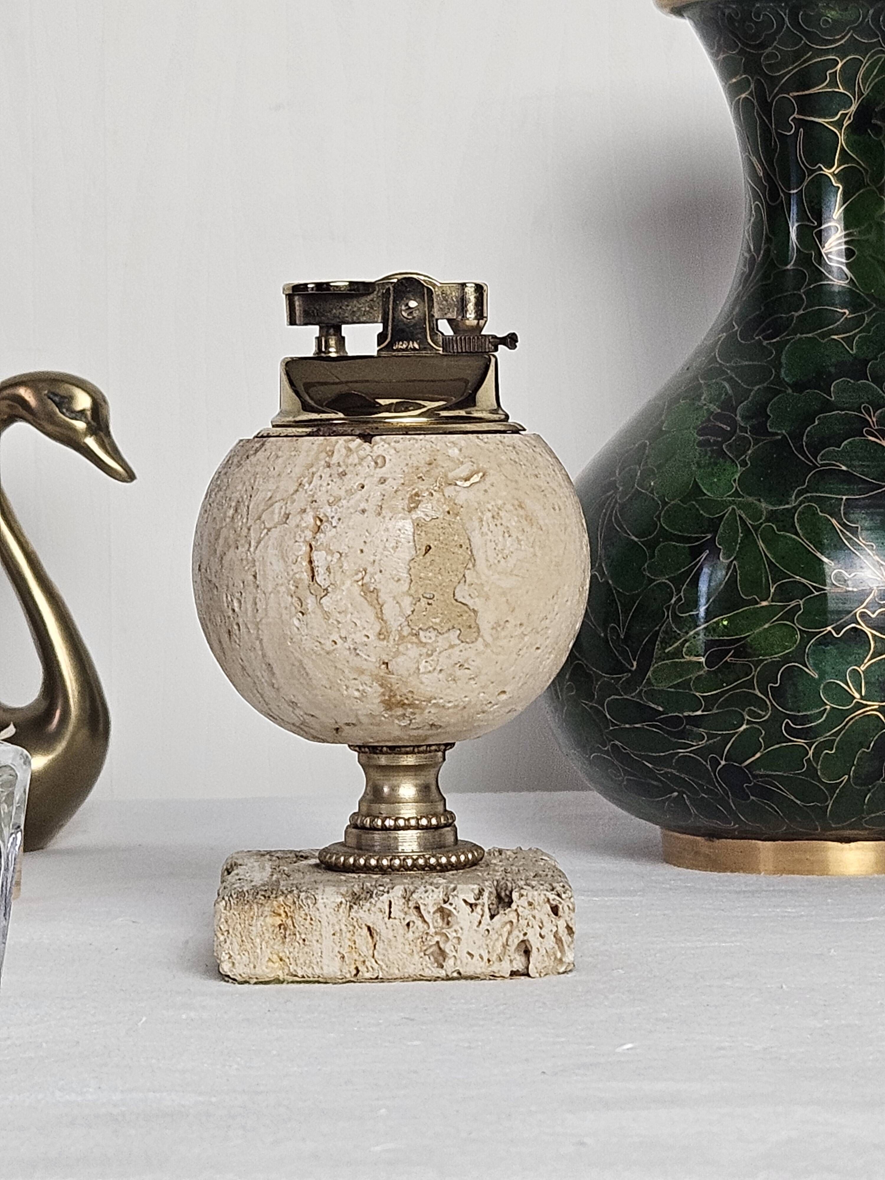 Spherical table lighter in genuine travertine – Italy, circa 1970
