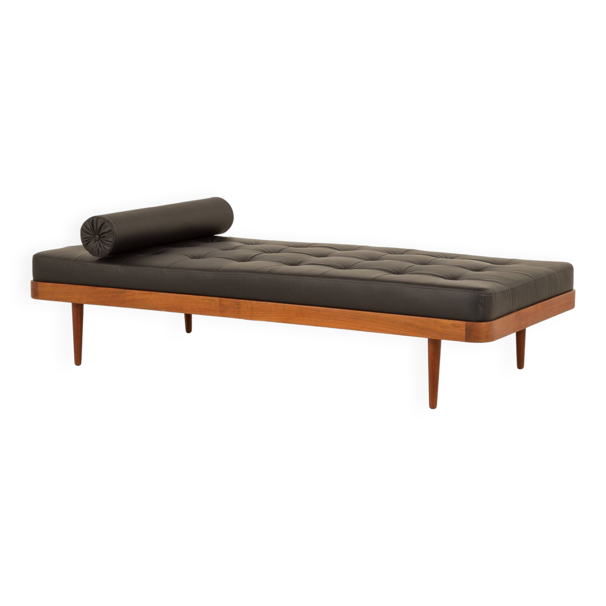 Danish teak daybed in black leather in Hans Wegner style, 1960s