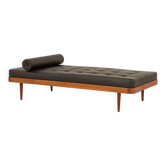 Danish teak daybed in black leather in Hans Wegner style, 1960s