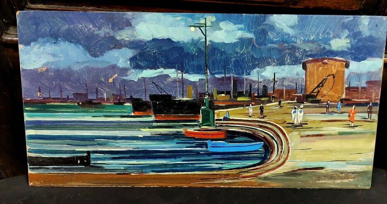Oil painting Livorno 1975 port boats magnificent