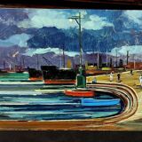 Oil painting Livorno 1975 port boats magnificent