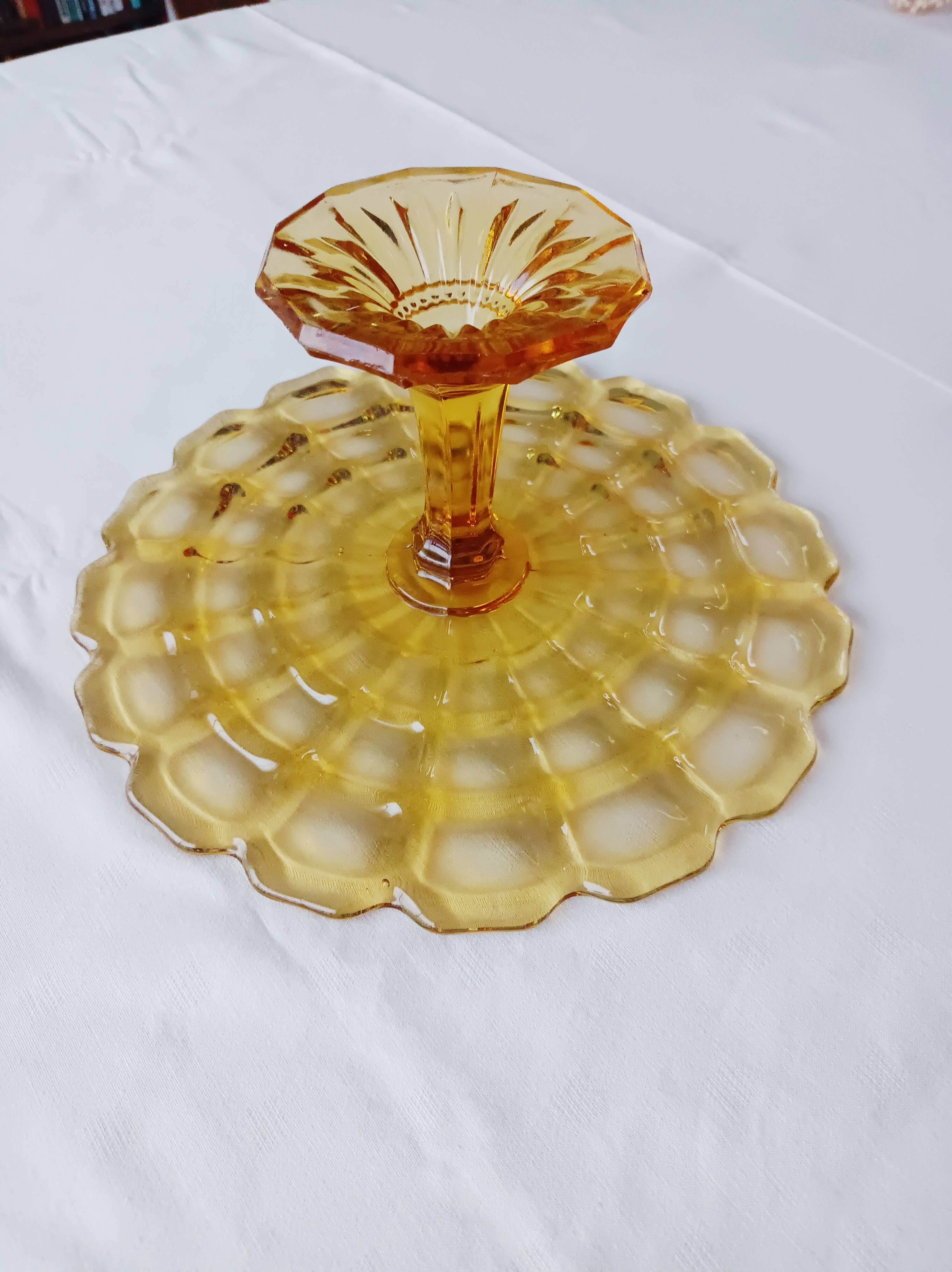 Cake stand, glass pedestal plate Bernsdorf depression style