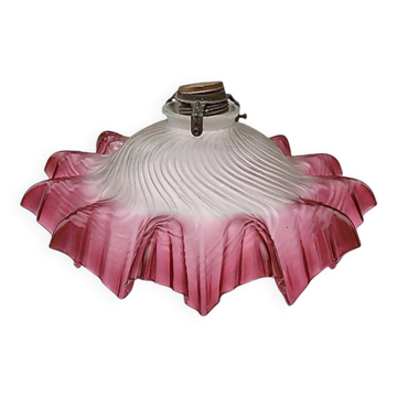 Ancien abat-jour de plafond en verre sablé et rose - années 40