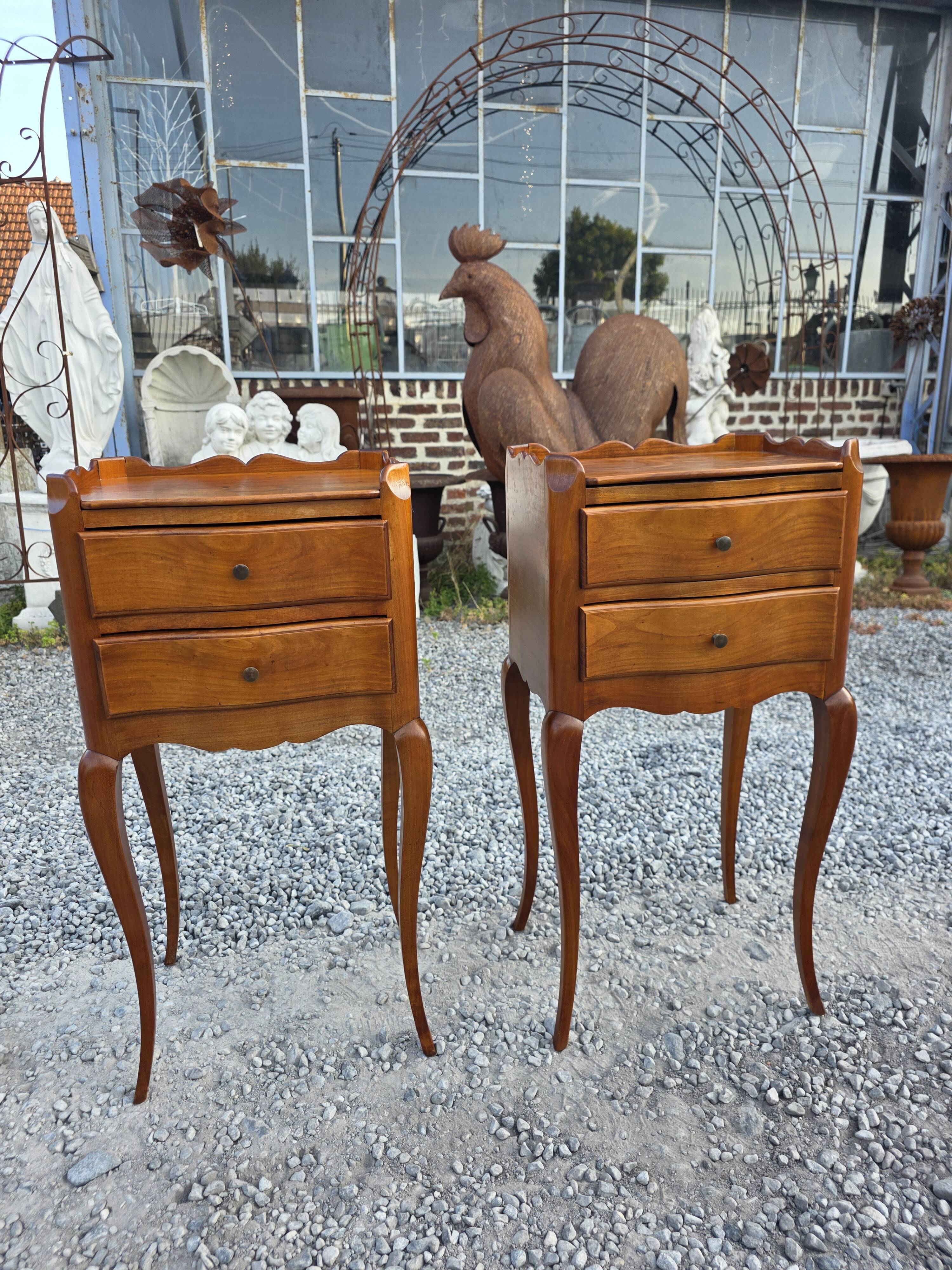 Pair of Louis XV style bedside tables in solid cherry wood.