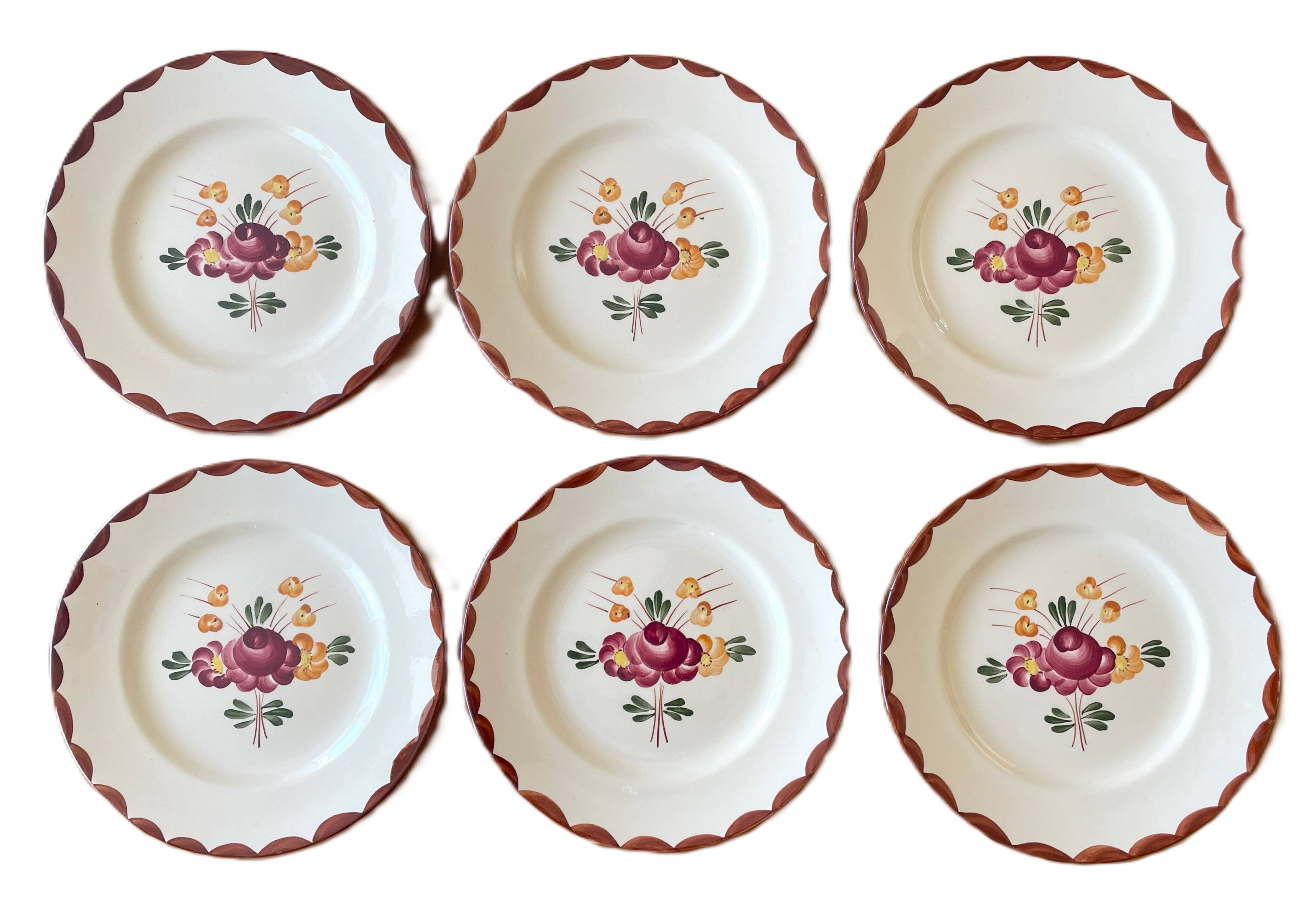 6 antique Longchamp earthenware dessert plates