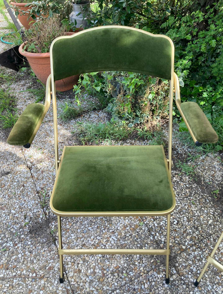 Set of 4 vintage folding armchairs in green velvet