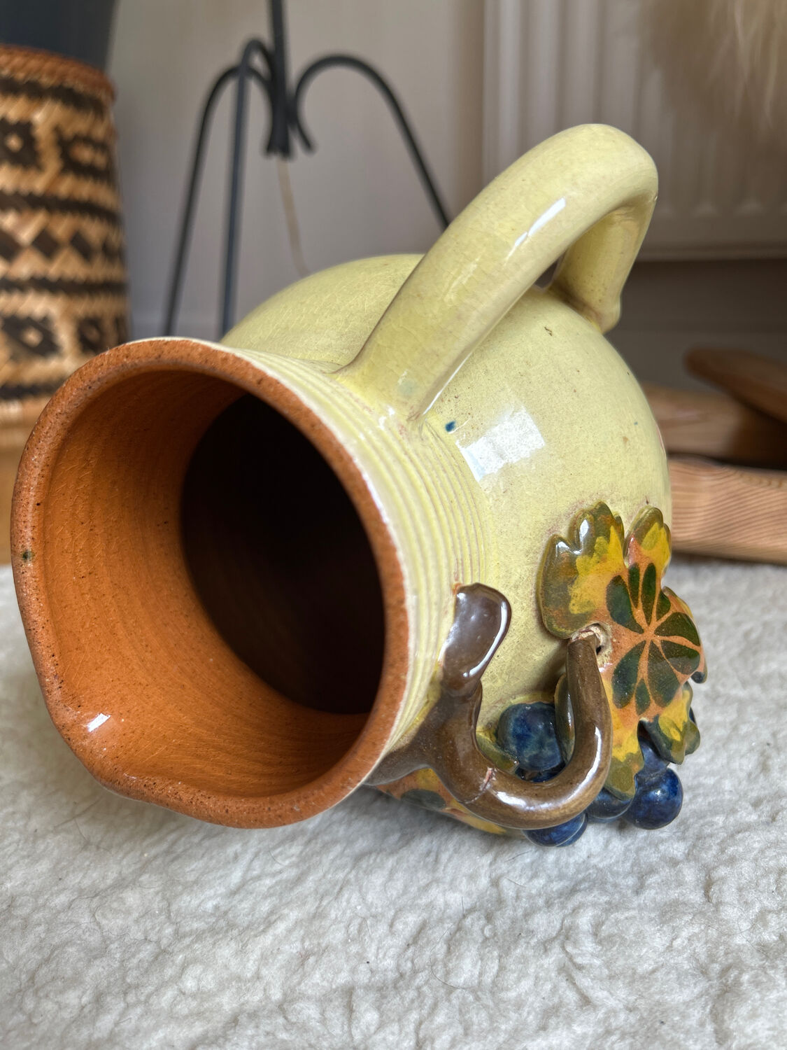 Earthenware jug/carafe HB with grape bunch slip decoration.