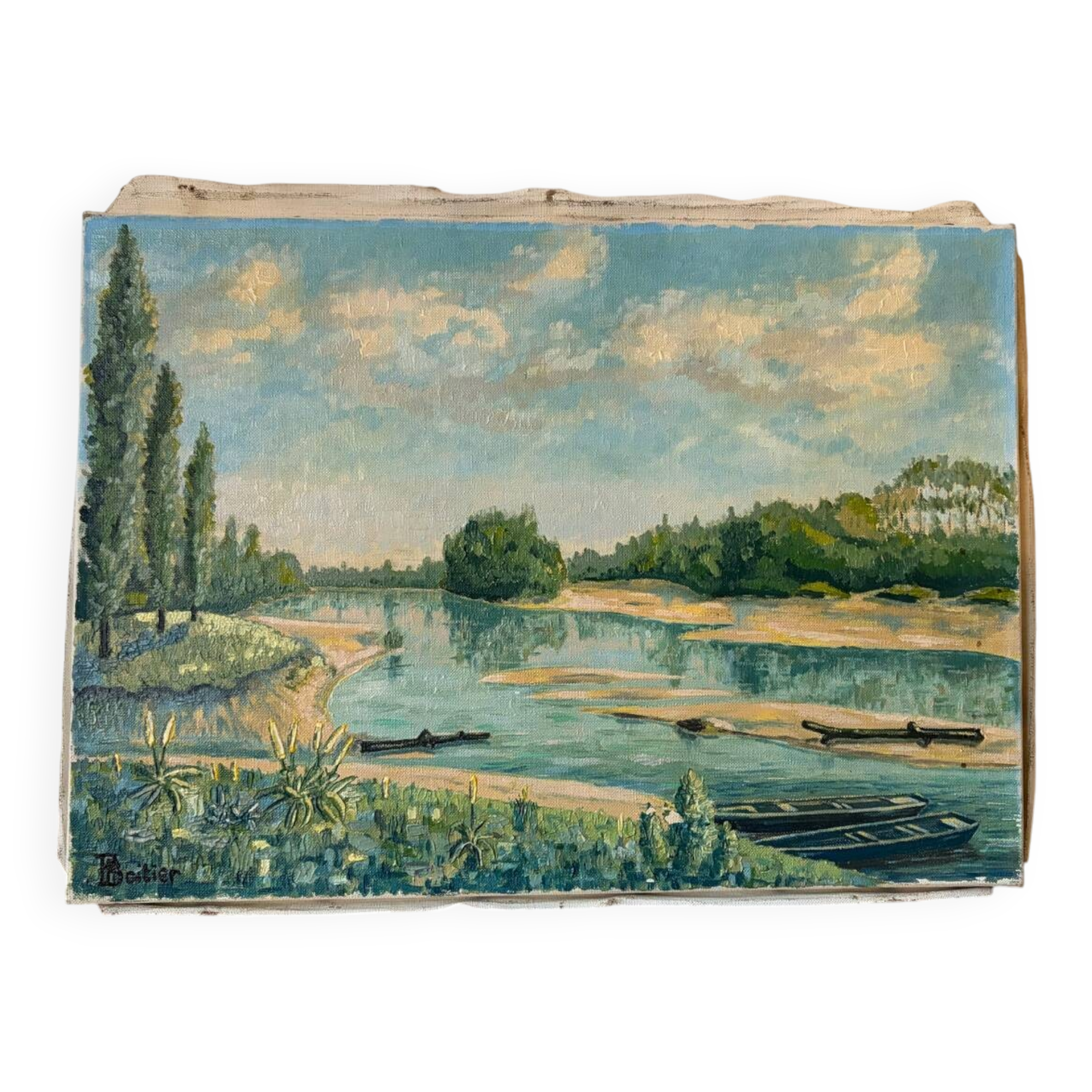 Boats by the water, oil on canvas signed