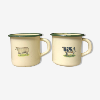 2 enamelled cow and sheep mugs