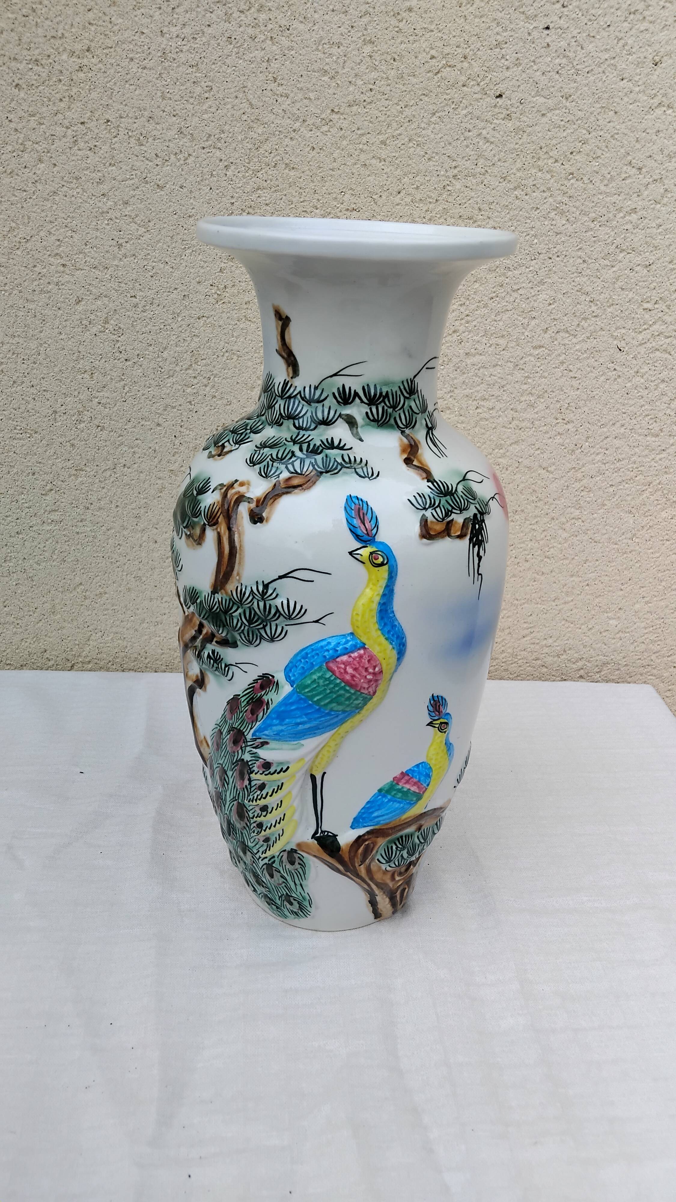 Large earthenware vase with peacock motif