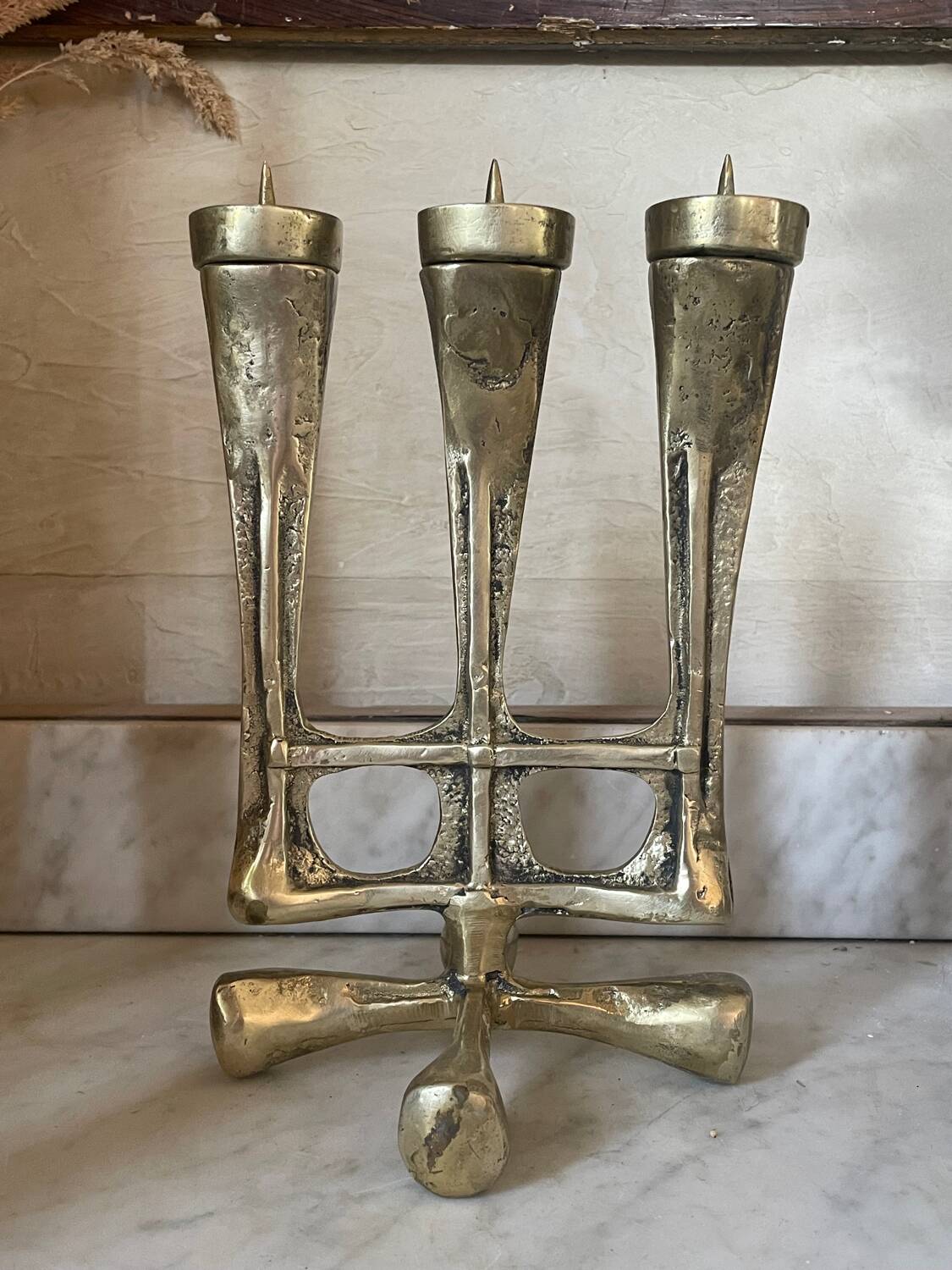 Vintage solid brass brutalist candle holder