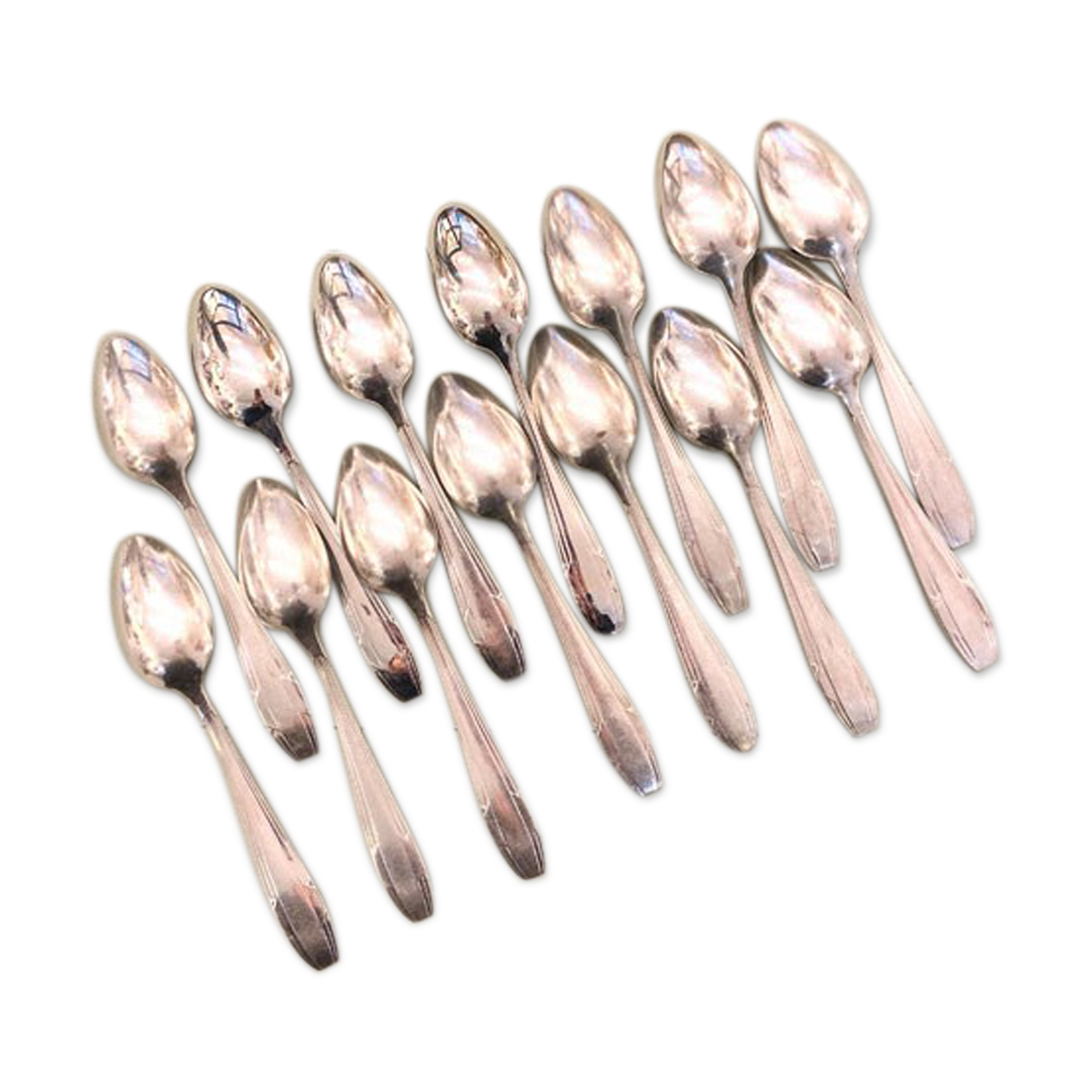 Series of 14 Art Deco dessert spoons, silver metal