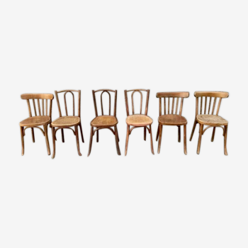 Series of 6 old bistro chairs in curved wood