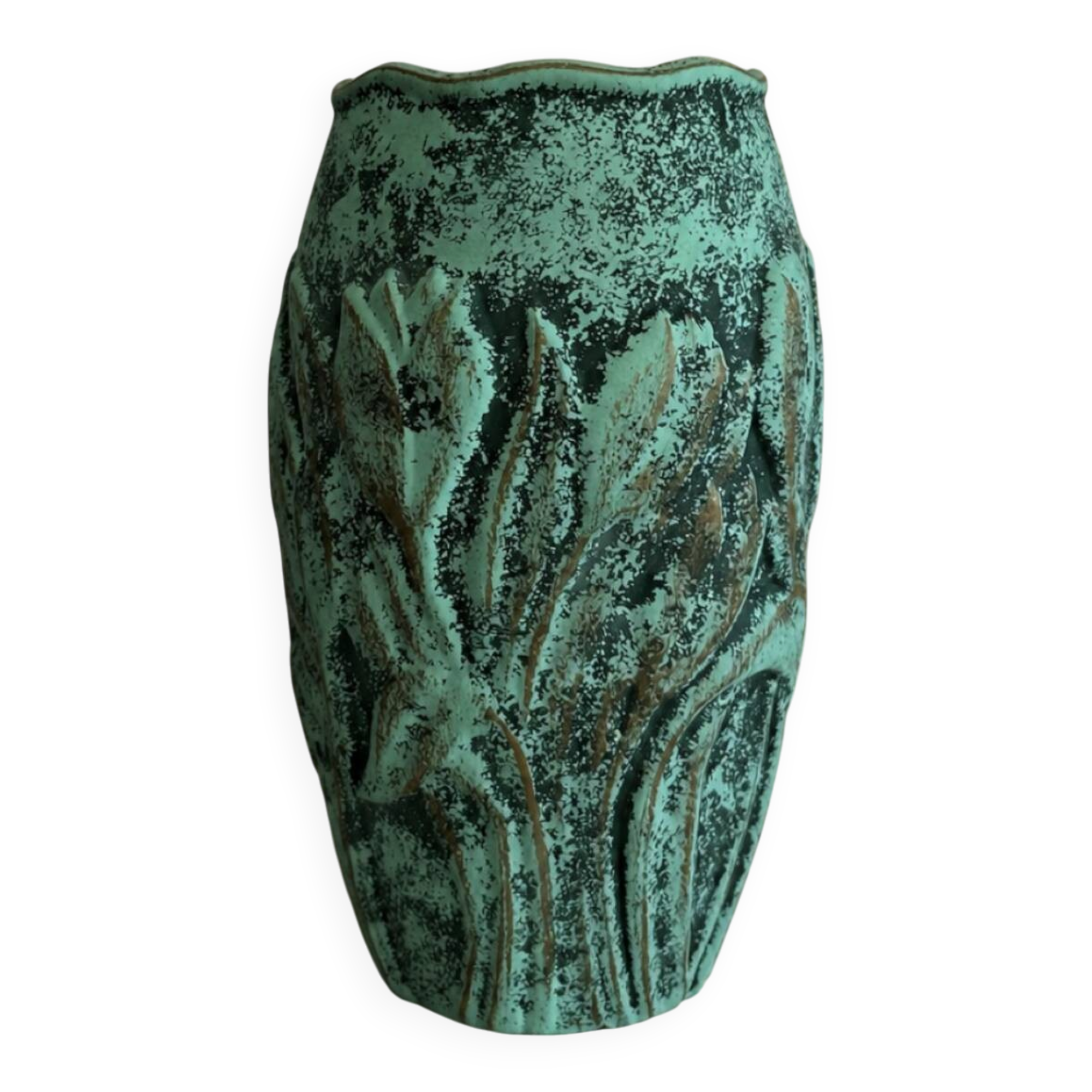 Vintage green patinated ceramic vase with raised floral decoration.